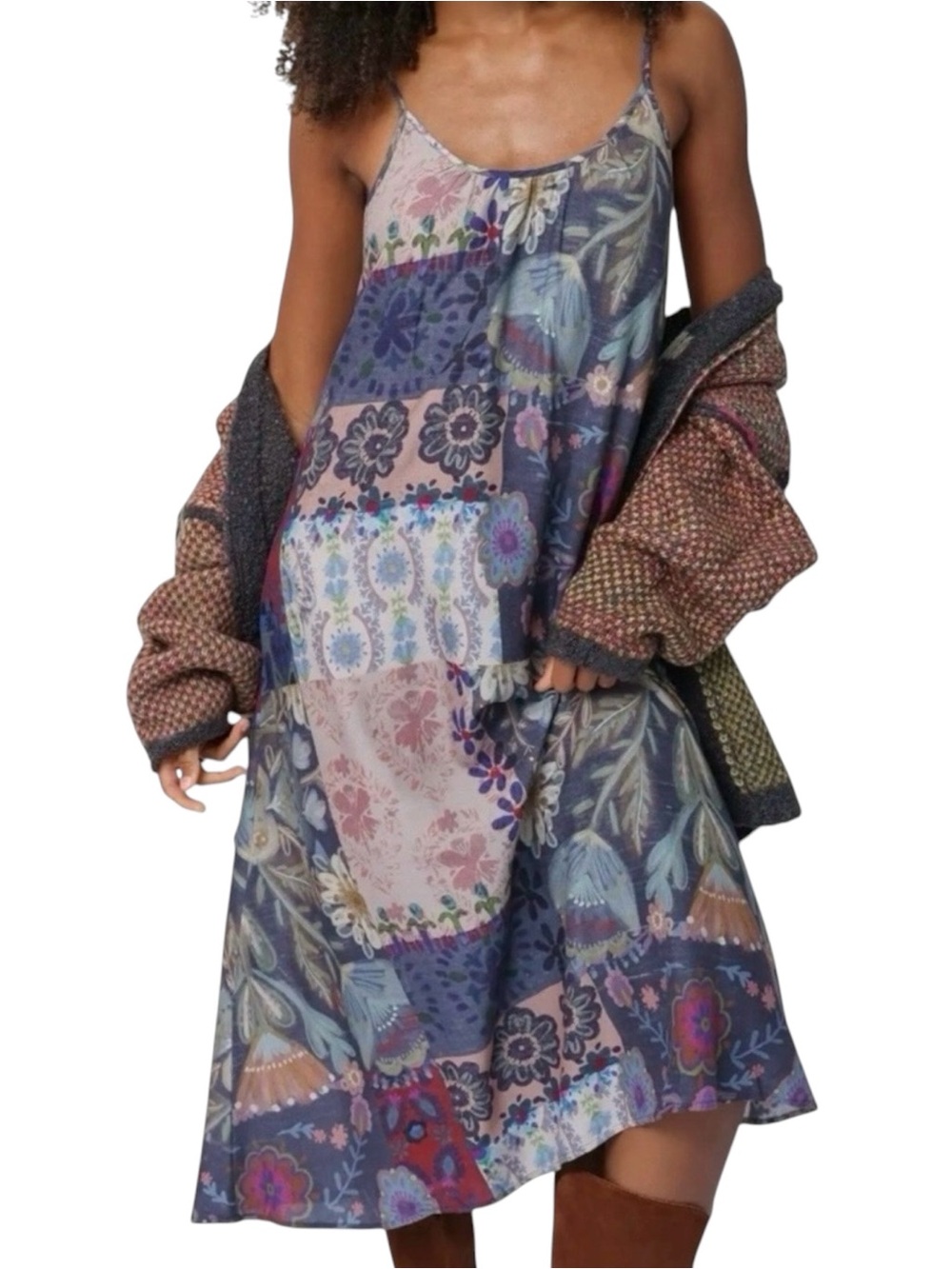 Natural Life Lizzie Midi Dress Blue Patchwork Boho Floral Medium NWT - Picture 1 of 9
